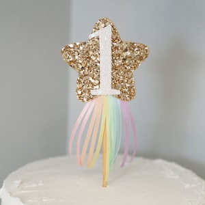 Rainbow ribbon cake topper, pastel rainbow, glitter star, cake smash, first birthday