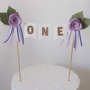 Name cake topper personalised felt flower and gold glitter writing