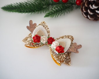 Glitter Reindeer Christmas Bow, Floral Antler Clip
