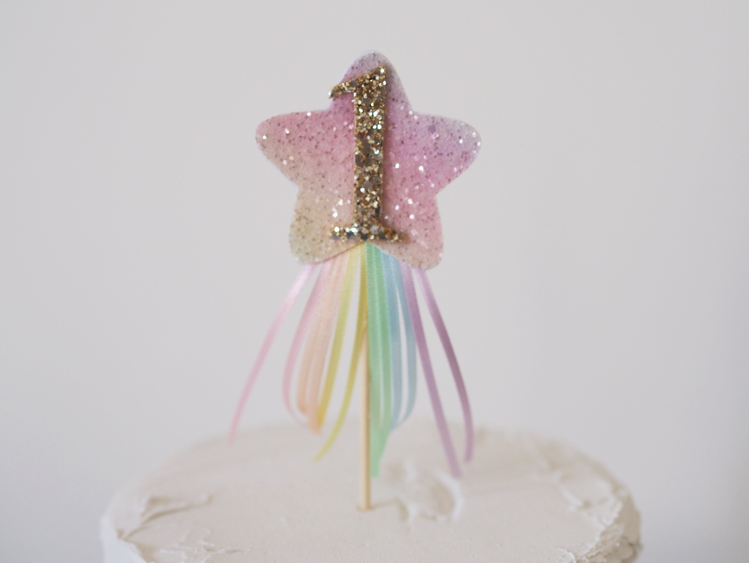 Rainbow Glitter Ribbon Cake Topper, Pastel Rainbow, Glitter Star, Cake ...