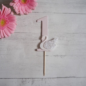 Swan cake topper, number swan cake topper, first birthday, cake smash, glitter and flowers