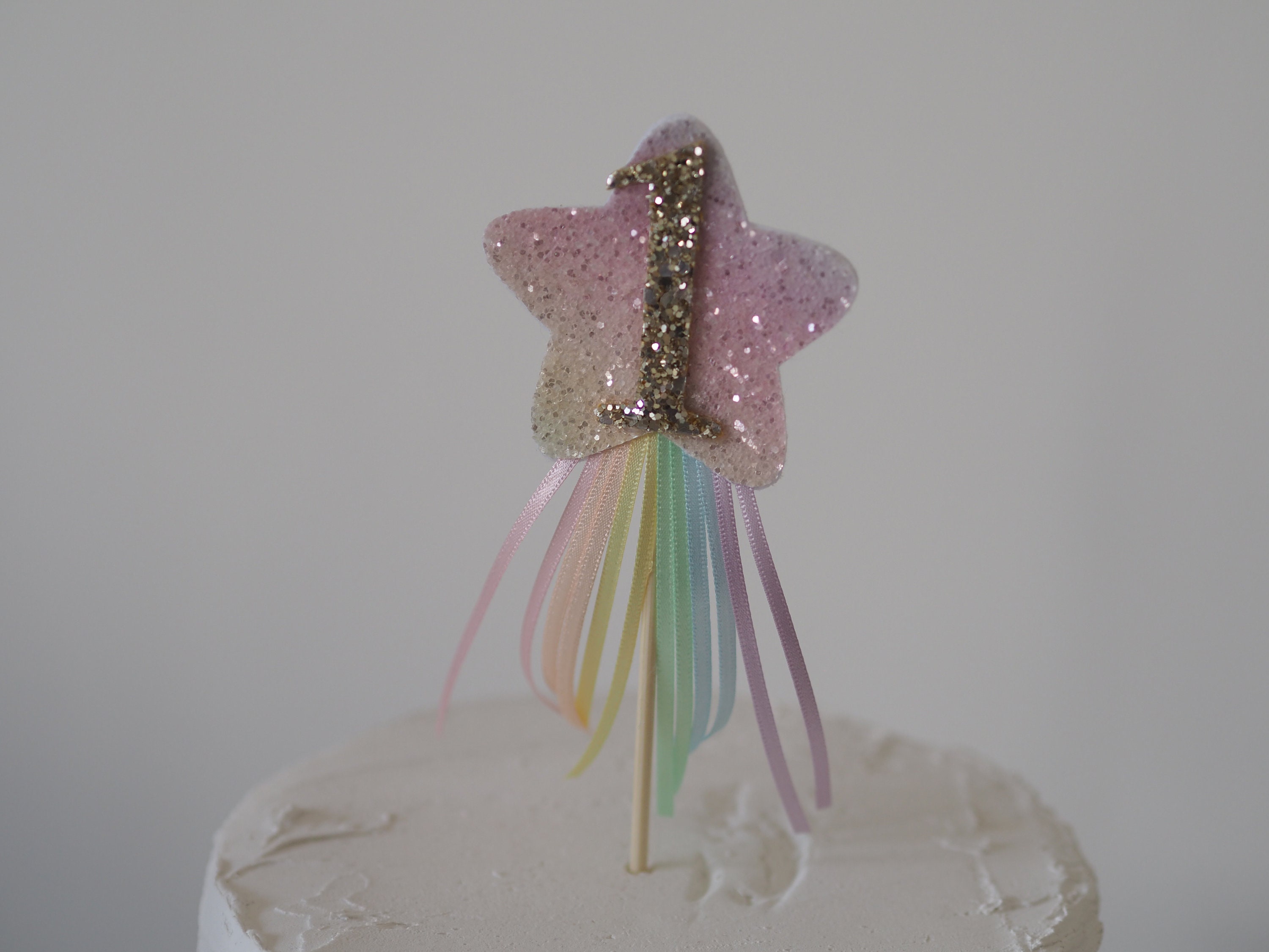 Rainbow Glitter Ribbon Cake Topper, Pastel Rainbow, Glitter Star, Cake ...