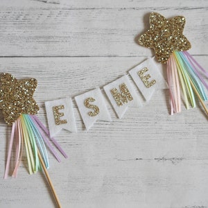 Gold Pastel rainbow cake topper, rainbow theme, shooting star, first birthday cake smash