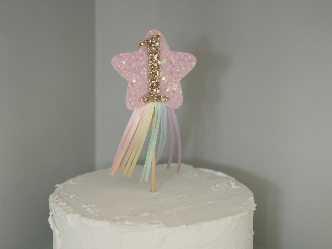 Rainbow Ribbon Cake Topper, Pastel Rainbow, Glitter Star, Cake Smash ...