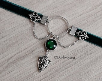 Choker, necklace, velvet, green, ring, coat of arms, rose, choker, goth, Gothic, Victorian