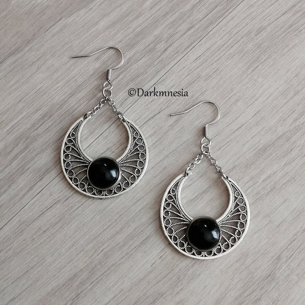 Earrings, onyx, black, gemstone, crescent moon, witchy, witch, wicca, goth, gothic