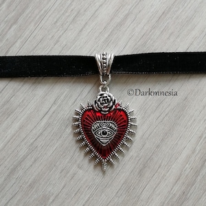 Choker, necklace, velvet, ring, black, red heart, goth, gothic