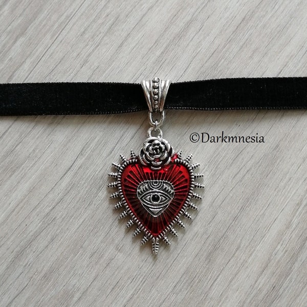 Ras de cou, collier, velours, anneau, noir, coeur rouge, goth, gothique