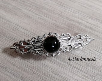 Barrette, accessoires cheveux, onyx noir, pierre naturelle, médiéval, witchy, gothique, sorcière, goth