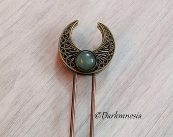 Hair stick, bronze, hair accessories, aventurine, crescent moon, wicca, witchy, pagan, pagan, gothic, witch, wiccan, goth