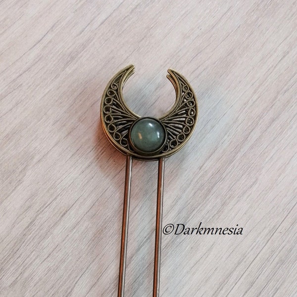 Pique à chignon, bronze, accessoires cheveux, aventurine, croissant de lune, wicca, witchy, pagan, païen, gothique, sorcière, wiccan, goth