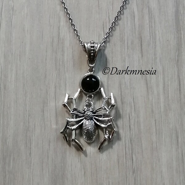 collier, pendentif, onyx, noir, pierre, araignée, goth, gothique