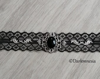 Ras de cou, collier, dentelle, noir, onyx, pierre naturelle, choker, goth, gothique, victorien