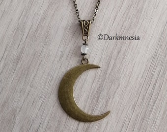 necklace, bronze, pendant, crescent moon, clear quartz, wicca, witch, wiccan, pagan, witchy, gothic