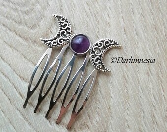 Hair comb, hair accessories, crescent moon, triple moon, amethyst, natural stone, witchy, witch, wicca, wiccan, pagan