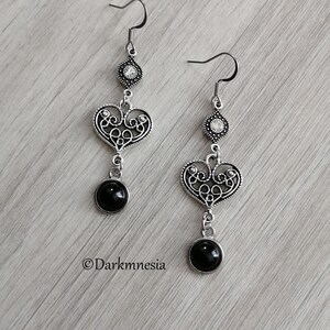 Earrings, onyx, black, natural stone, heart, victorian, goth, gothic, romantic