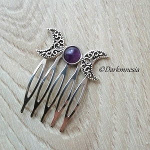 Hair comb, hair accessories, crescent moon, triple moon, amethyst, natural stone, witchy, witch, wicca, wiccan, pagan