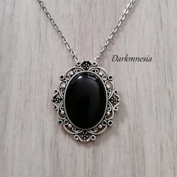 Collier, pendentif, médaillon, cabochon, noir, goth, gothique, victorien