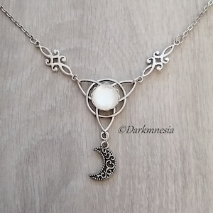 Necklace, cabochon, white, triquetra, crescent moon, wiccan, pagan, wicca, elven, witchy, witch