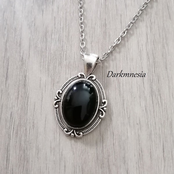 Collier, pendentif, onyx, noir, pierre naturelle, goth, gothique, victorien, witchy