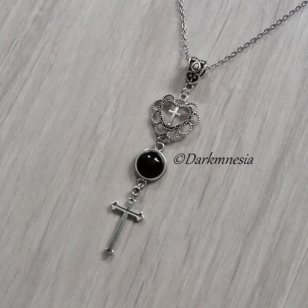 necklace, pendant, onyx, black, stone, heart, cross, goth, gothic