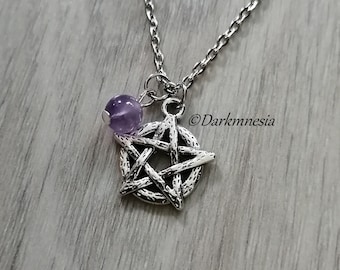 Collier, pendentif, pentacle, pentagramme, protection, améthyste, pierre naturelle, wicca, witchy, wiccan, sorcière, païen, ésotérique