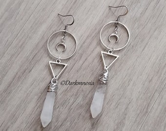 earrings, triangle, element, water, crescent moon, pendulum, clear quartz, wicca, witchy, wiccan, witch, pagan