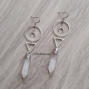 earrings, triangle, element, water, crescent moon, pendulum, clear quartz, wicca, witchy, wiccan, witch, pagan