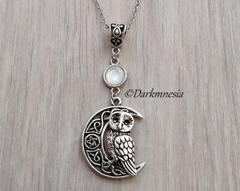 Necklace, pendant, moon, celtic knots, owl, white stone, wicca, celtic, elven, witchy, witch, pagan, esoteric