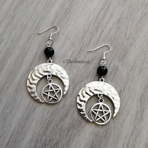 Pentagram, Pentacle, Crescent Moon, Black Onyx Stone, Drop
