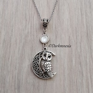 Necklace, pendant, moon, celtic knots, owl, white stone, wicca, celtic, elven, witchy, witch, pagan, esoteric