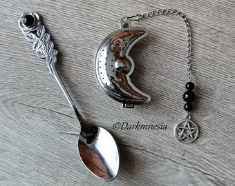 Infuser, tea ball, tea spoon, crescent moon, onyx, pentacle, wicca, witchy, pagan, pagan, gothic, witch, wiccan, goth