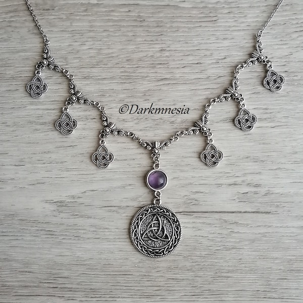 collier, améthyste, triquetra, noeuds celtique, pierre naturelle, wiccan, witchy, sorcière, wicca, païen, elfique, pagan