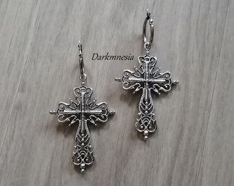 Earrings, rings, creoles, large cross, stainless steel, goth, gothic