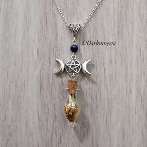 Necklace, protection, bottle, jar, plants, amulet, ritual, spell, pentagram, lapis lazuli, talisman, pagan, wicca, witch, celtic