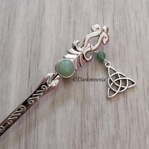 Pique à chignon, accessoires cheveux, aventurine, triquetra, noeuds celtiques, wicca, witchy, pagan, païen, gothique, sorcière, wiccan, goth