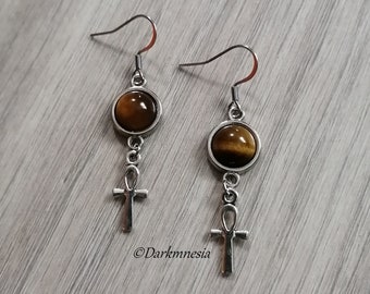 Earrings, tiger eye, egyptian cross, ankh, cross of life, ansée cross, wicca, witch, witchy, pagan, gothic, egypt