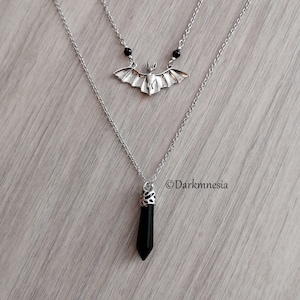 Necklace, black onyx, chain, pendulum, natural stone, bat, vampire, witchy, witch, goth, gothic