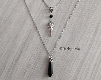 Necklace, black onyx, chain, pendulum, gemstone, skull, crow, raven, witchy, witch, pagan, goth, gothic