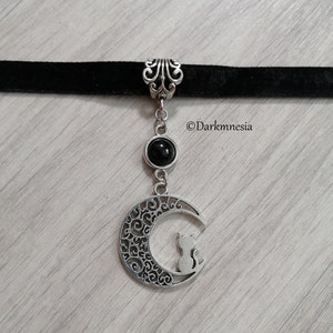 Choker, necklace, velvet, onyx, crescent moon, cat, goth, gothic, wicca, witchy, witch
