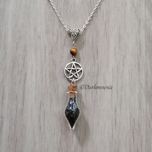 Necklace, protection, bottle, jar, black salt, amulet, ritual, spell, pentagram, tiger eye, talisman, pagan, wicca, witch, celtic