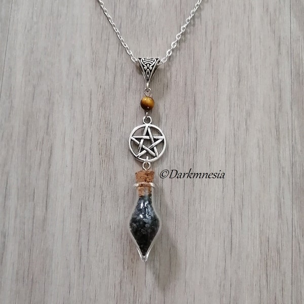 Collier, protection, bouteille, fiole, sel noir, amulette, rituel, sort, pentacle, oeil de tigre, talisman, païen, wicca, sorcière, celtique