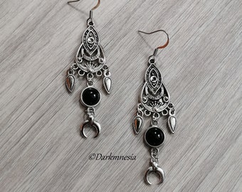 Earrings, onyx, black, stone, crescent moon, spikes, witchy, witch, wicca, pagan, wiccan, esoteric, gothic