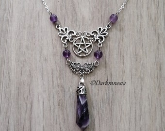 Necklace, amethyst, pentagram, pendulum, pentacle, goth, gothic, witch, wicca, pagan, esoteric, protection, witchy, magic