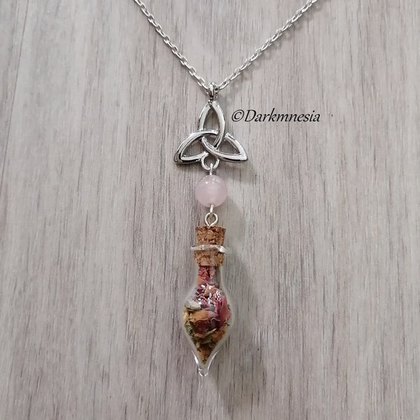 Collier, amour, bouteille, fiole, plante, amulette, rituel, sort, porte bonheur, quartz rose, talisman, païen, wicca, sorcière, celtique