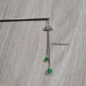 Hair stick, hair accessories, green jade, triquetra, celtic knots, wicca, witchy, pagan, gothic, witch, wiccan, goth