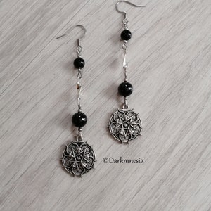 Earrings, onyx, black, natural stone, inverted pentacle, pentagram, baphomet, satan, satanic, occult, devil, gothic