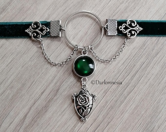 Green Stone Gothic Choker with Rose – Victorian Mystic Necklace, Esoteric Jewelry, Witchy Choker, Dark Style, romantic necklace
