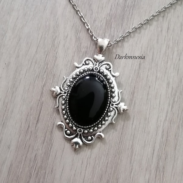 Collier, pendentif, médaillon, cabochon, camée, noir, goth, gothique, victorien