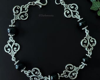 Pulsera gótica de ónix negro y plateado, joyería victoriana de estilo místico, pulsera de piedra natural, regalo oscuro y elegante para mujer.